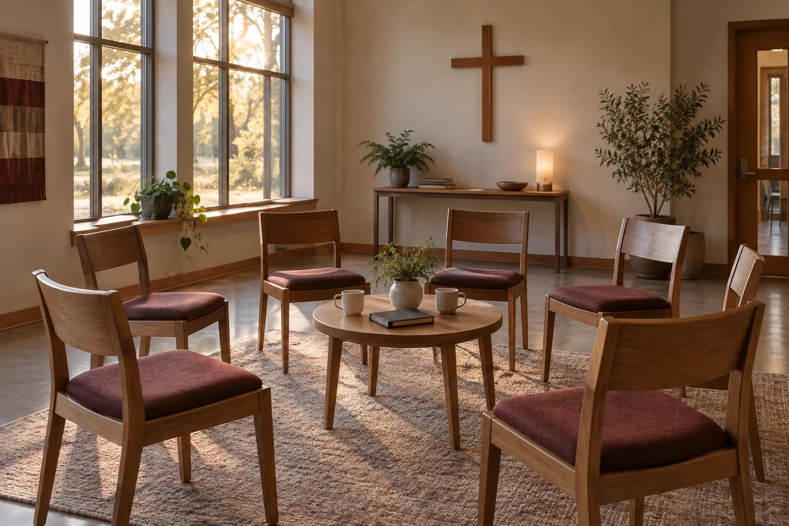 Chairs arranged for a small gathering in a sunlit church room