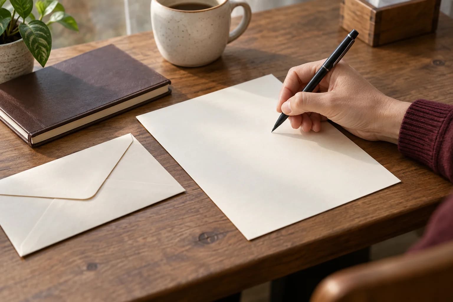 A hand holding a pen over stationery beside an envelope