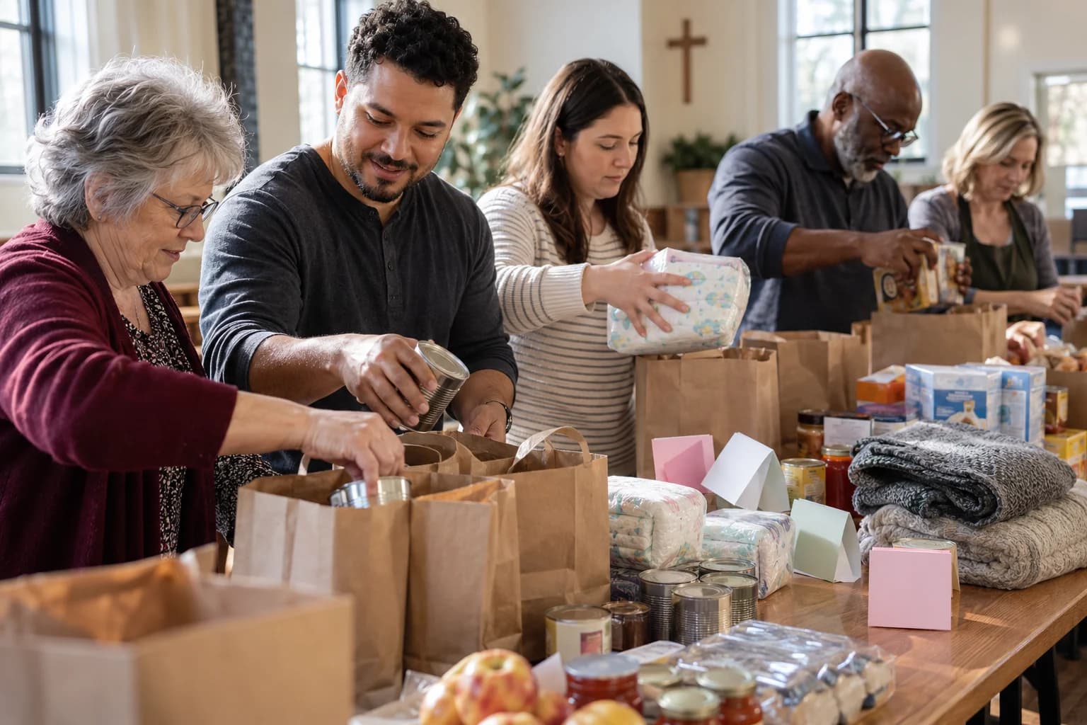 An intergenerational group packing food and supplies