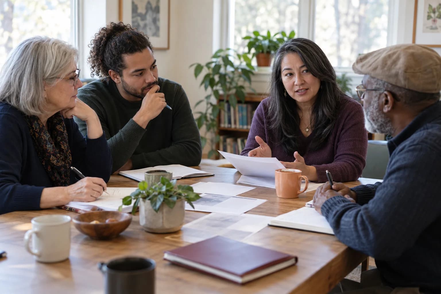 A small group planning together with notes around a table