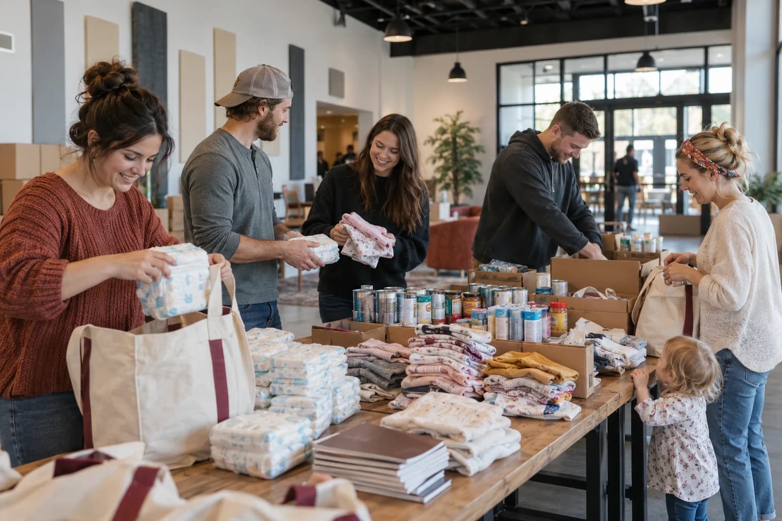 Volunteers packing everyday supplies together