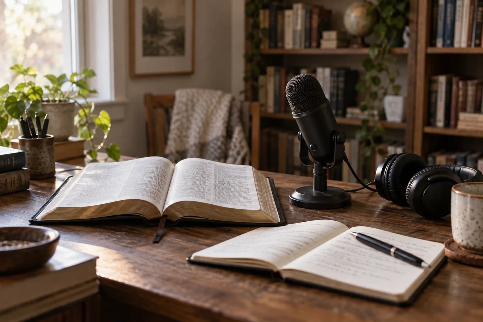 An open Bible, notebook, microphone, and headphones on a writing desk