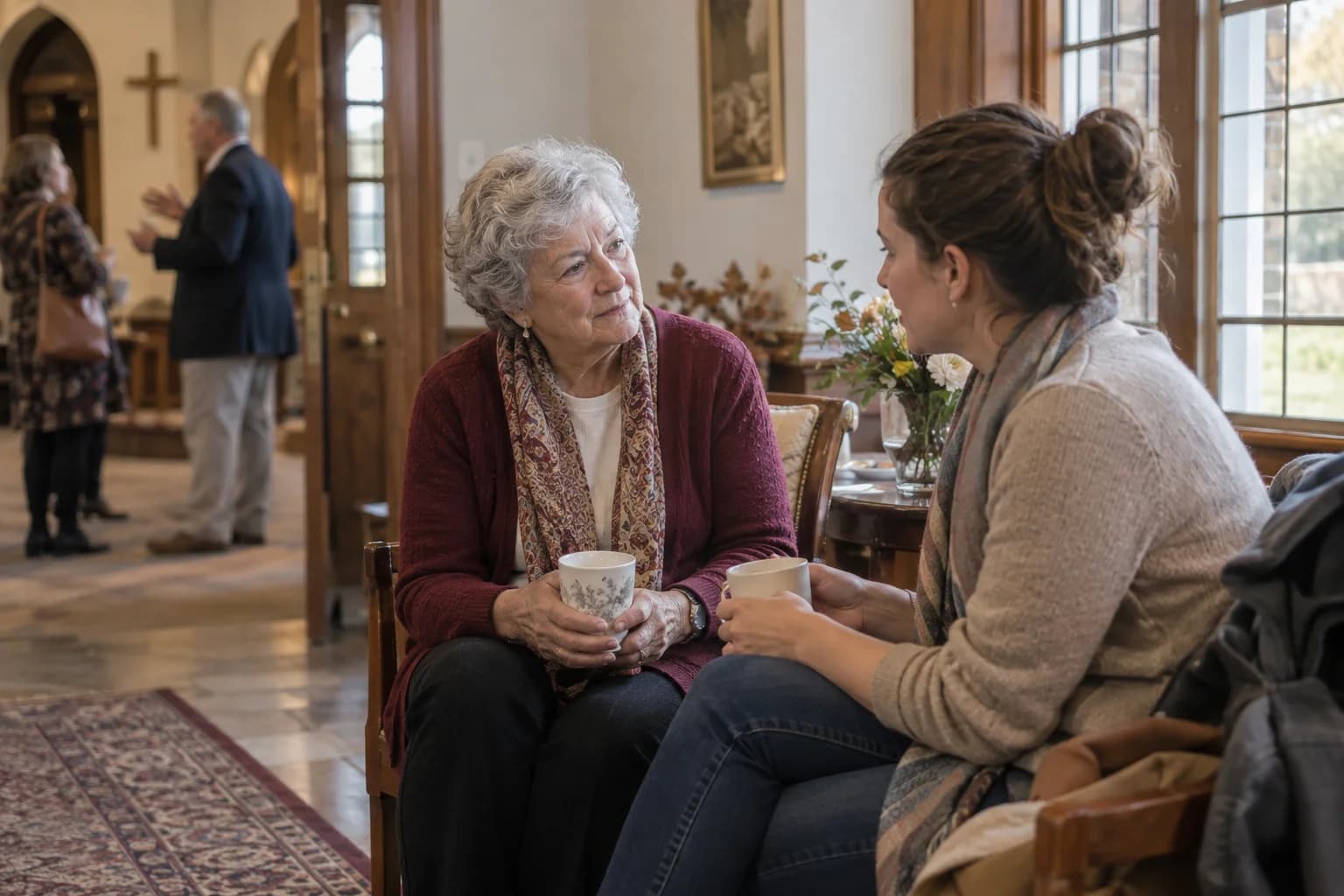 Two women listening to one another over coffee